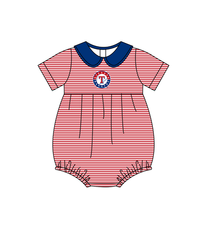 Preorder (moq 5)Baby Girls Short Sleeve Texas Rangers Stripe Team Ruffle Rompers