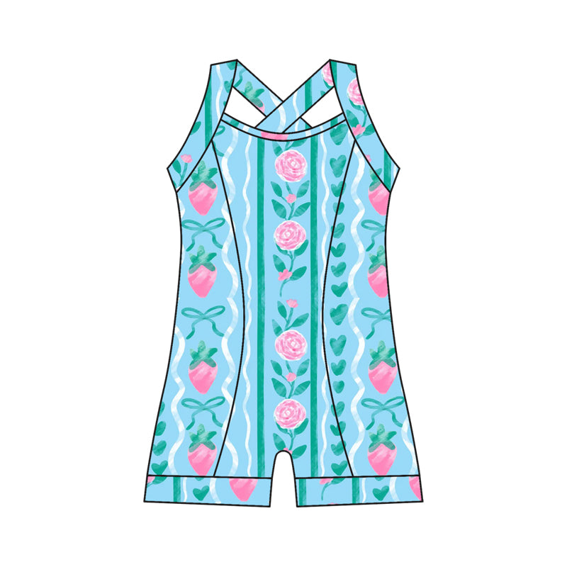 Preorder moq 10 Baby Girls Strap Flowers Stripe Cherry Activity Wear Yoga Jumpsuits