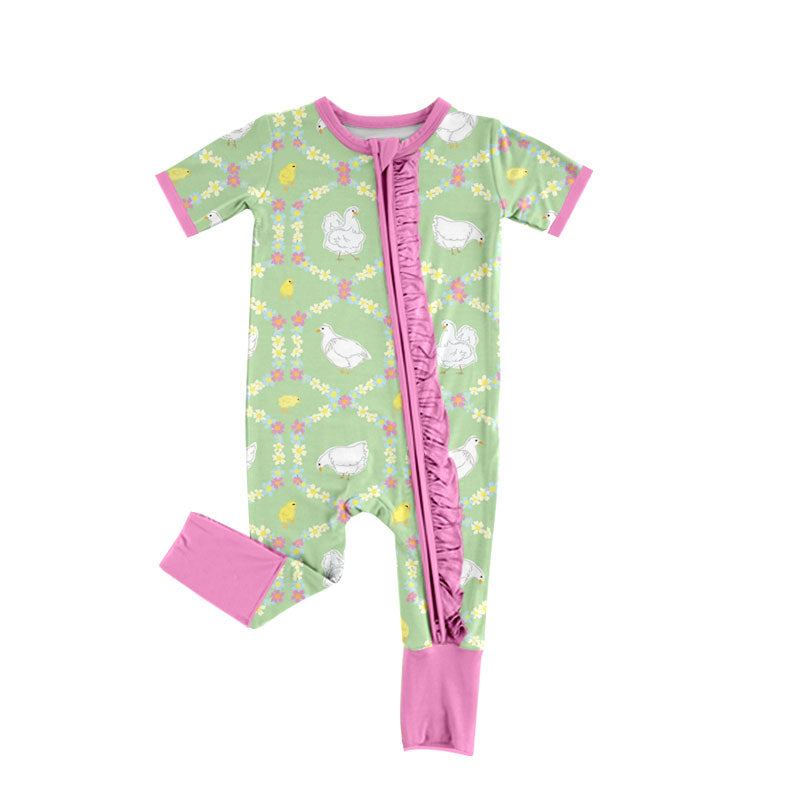 Preorder (moq 5) Baby Girl Clothes Easter Duck Chick Floral Print Short Sleeve Ruffle Zip Romper Jumpsuit