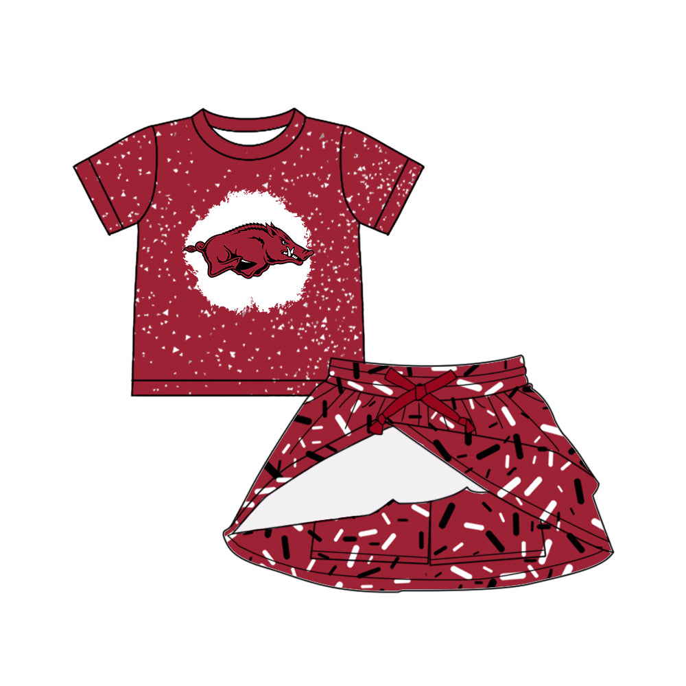 Preorder (moq 5)Baby Girls Dark Red Short Sleeves Bull Top Drip Skirts Team Set
