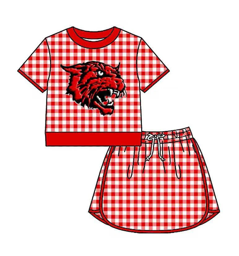 Preorder (moq 5)Baby Girls Red Checked Kirbyville Wildcat Shirt Top Skirt Short Team Sets