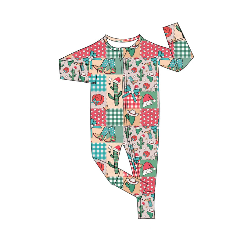 Preorder (moq 5)Baby Girls Long Sleeves Bows Boots Cactus Plaid Zipper Pant Romper