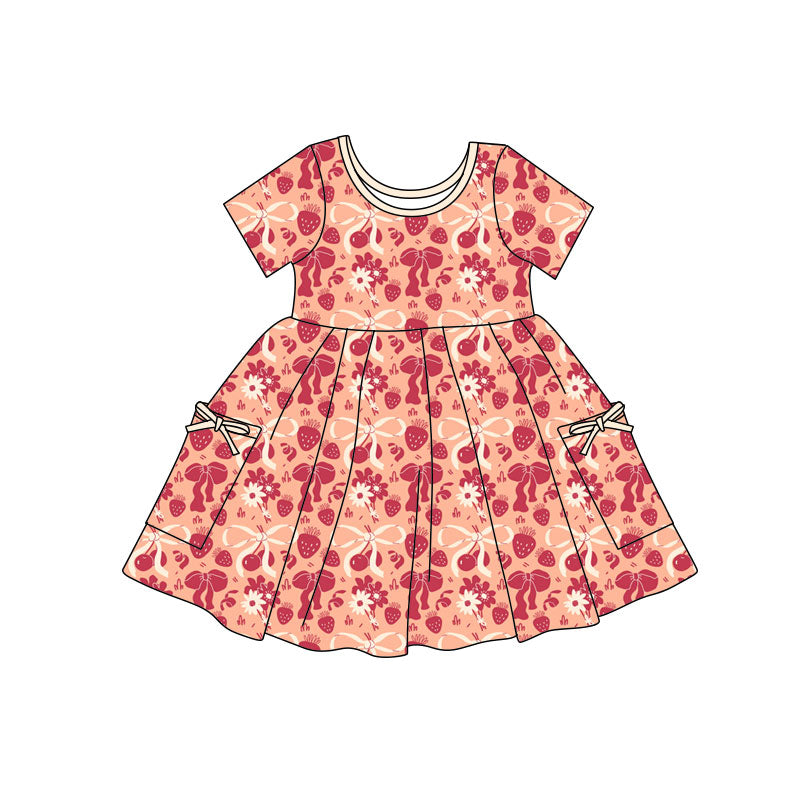 Preorder(moq 5) Baby Girls Bows Strawberry Pockets Knee Length Dresses