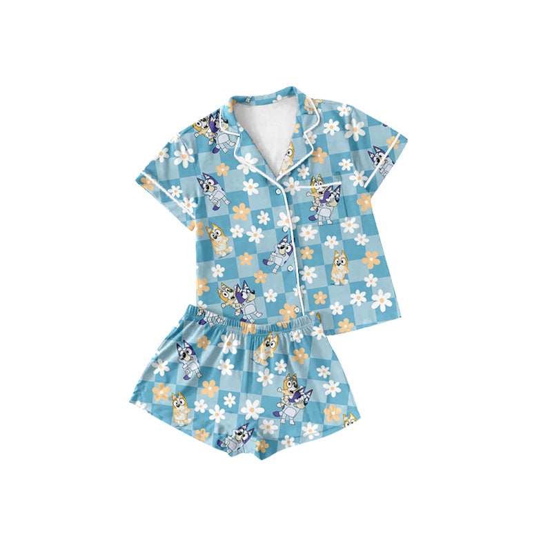 Preorder (moq 5)Baby Girls Blue Flowers Dogs Buttons Top Shorts Pajamas Sets