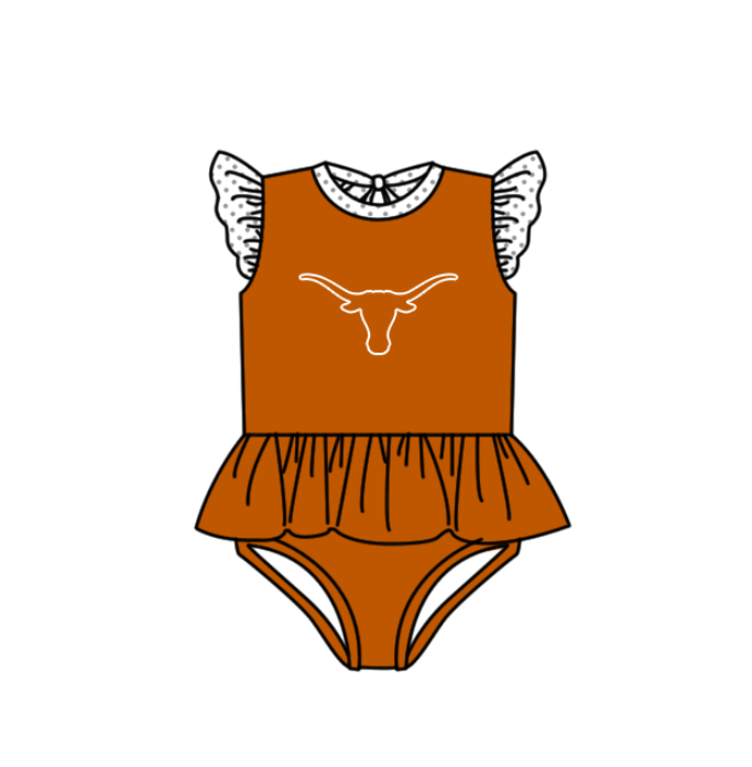 Preorder moq 5 Baby Girls Orange Flutter Sleeve Bulls Team Swimsuits