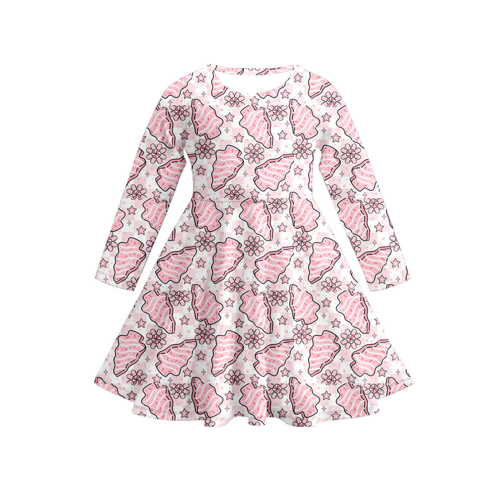 Preorder (moq 5)Baby Girls Long Sleeves Christmas Trees Flowers Plaid Knee Length Dresses