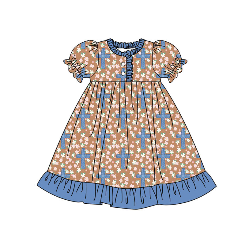 Preorder (moq 5)Baby Girls Flowers Crosses Easter Button Ruffle Knee Length Dresses