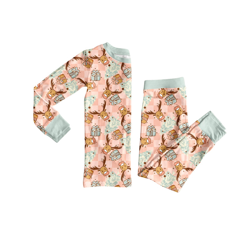 Preorder (moq 5)Baby Girls Long Sleeves Deer Trees Plaid Top Pant Pajamas Sets