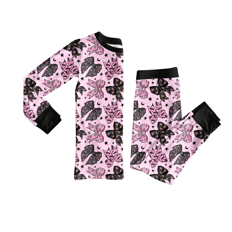 Preorder (moq 5)Baby Girls Long Sleeves Pink Black Bows Stars Top Pant Pajamas Set
