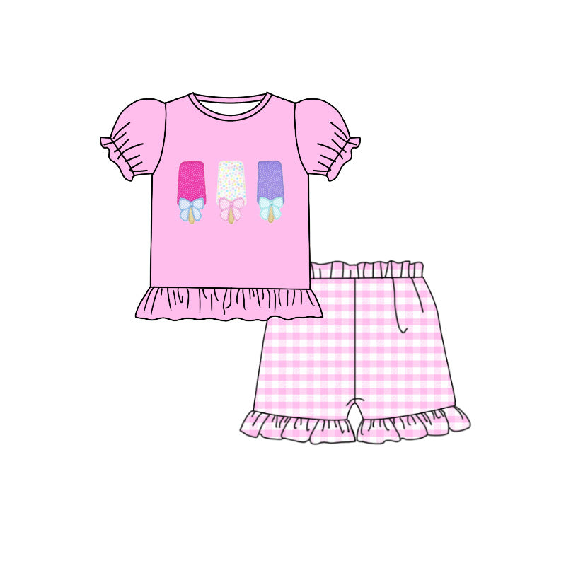 Preorder (moq 5)Baby Girls Bows Popsicle Top Ruffle Checked Short Clothes Sets