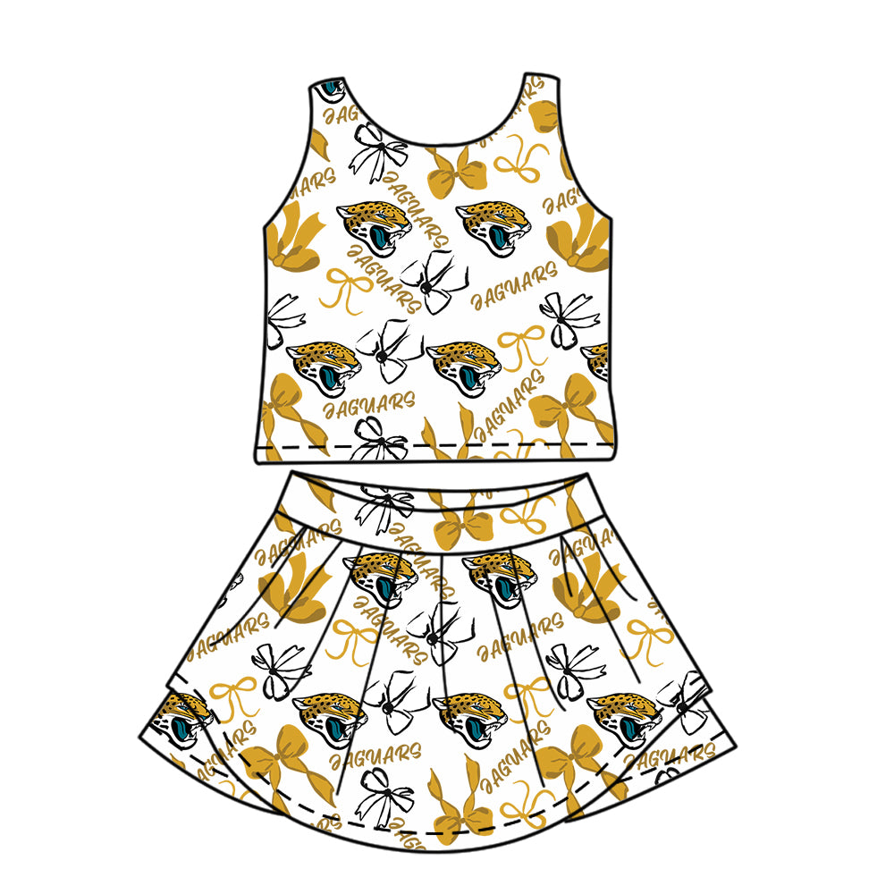 Preorder (moq 5)Baby Girls Sleeveless Eaguars Bows Plaid Top Skorts Team Set