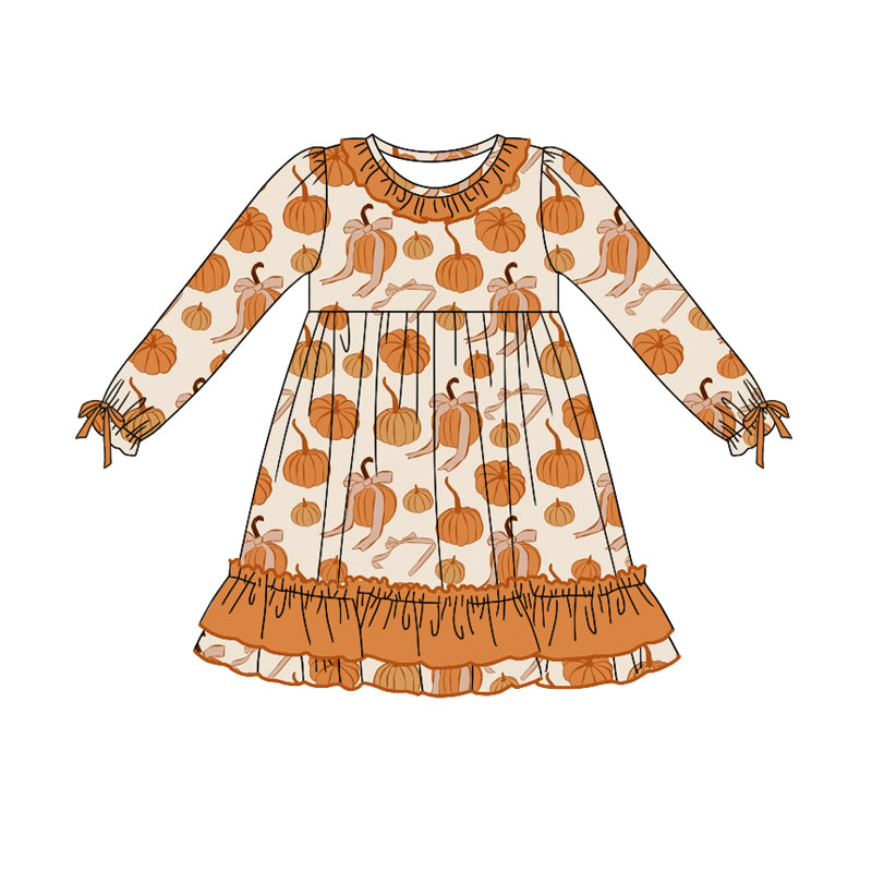 Preorder moq 5 Baby Girls Long Ruffle Sleeves Bows Pumpkins Knee Length Dresses