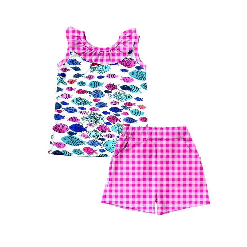 Preorder (moq 5)Baby Girls Colorful Fishes Tops Checkered Shorts Clothes Sets