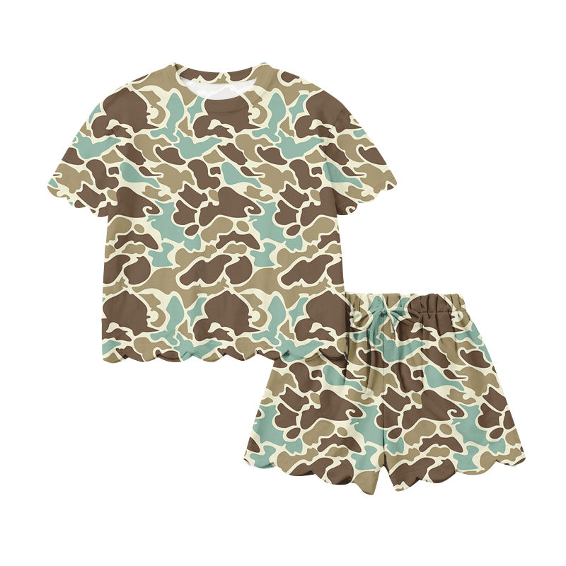 Preorder (moq 5)Baby Girls Southern Khaki Camo Top Scallop Shorts Clothes Sets