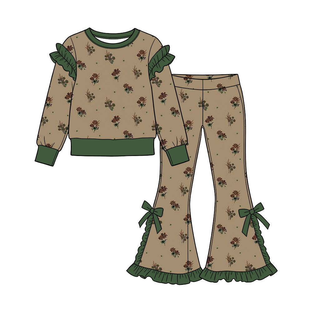Preorder (moq 5) Baby Girl Clothes Khaki Wildflower Allover Print Long Sleeve Ruffle Flare Pant Set