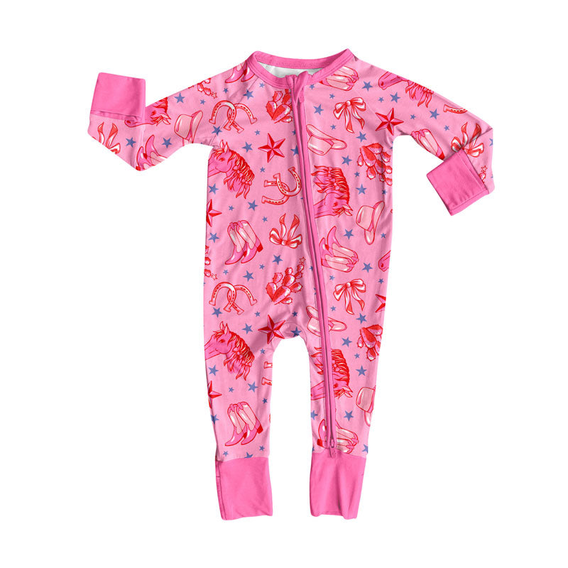 Preorder (moq 8)Baby Girls Pink Hats Boots Horses Western Zipper Footie Rompers