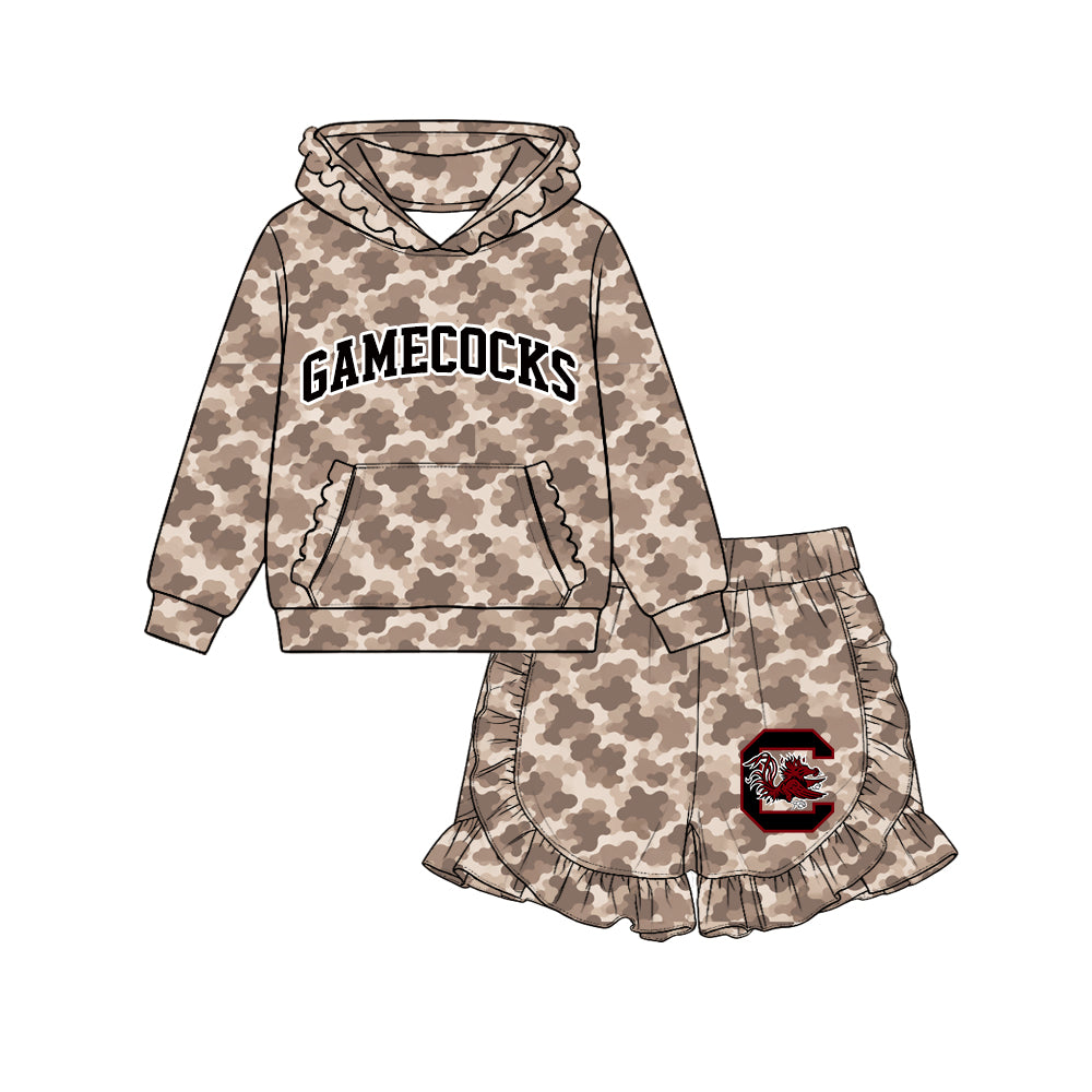 Preorder (moq 5) Baby Girl Clothes Gamecocks Mascot Logo Camo Print Long Sleeve Ruffle Hoodie & Ruffle Short Set