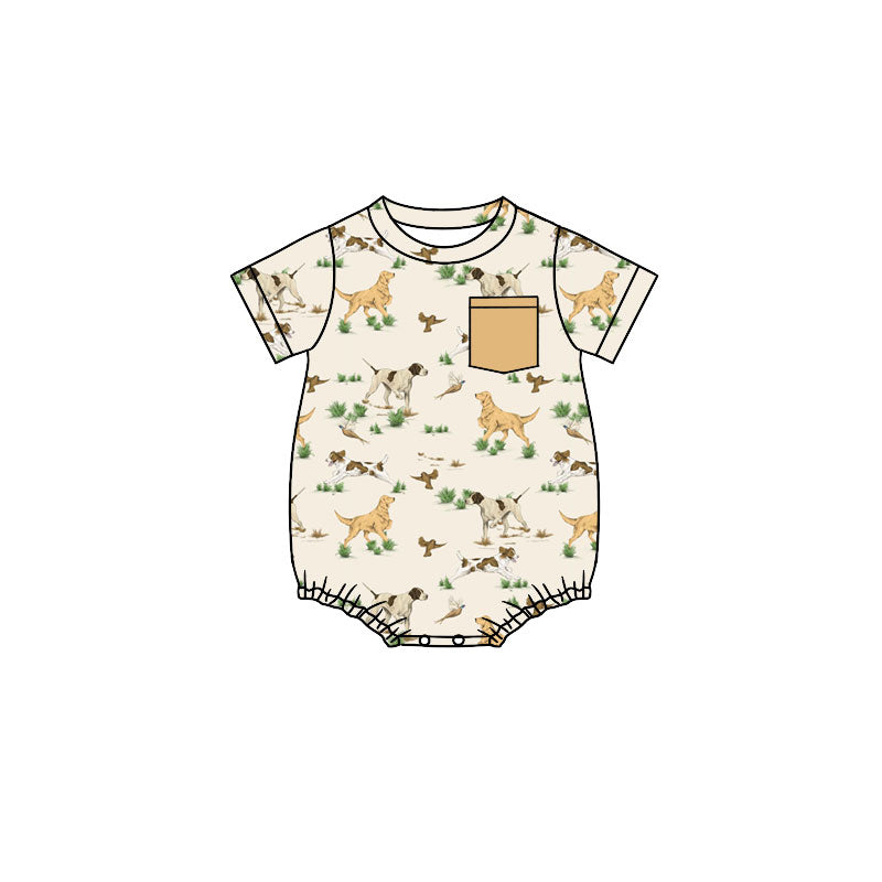 Preorder (moq 5)Baby Boys Ducks Dogs Plaid Pockets Short Sleeve Rompers