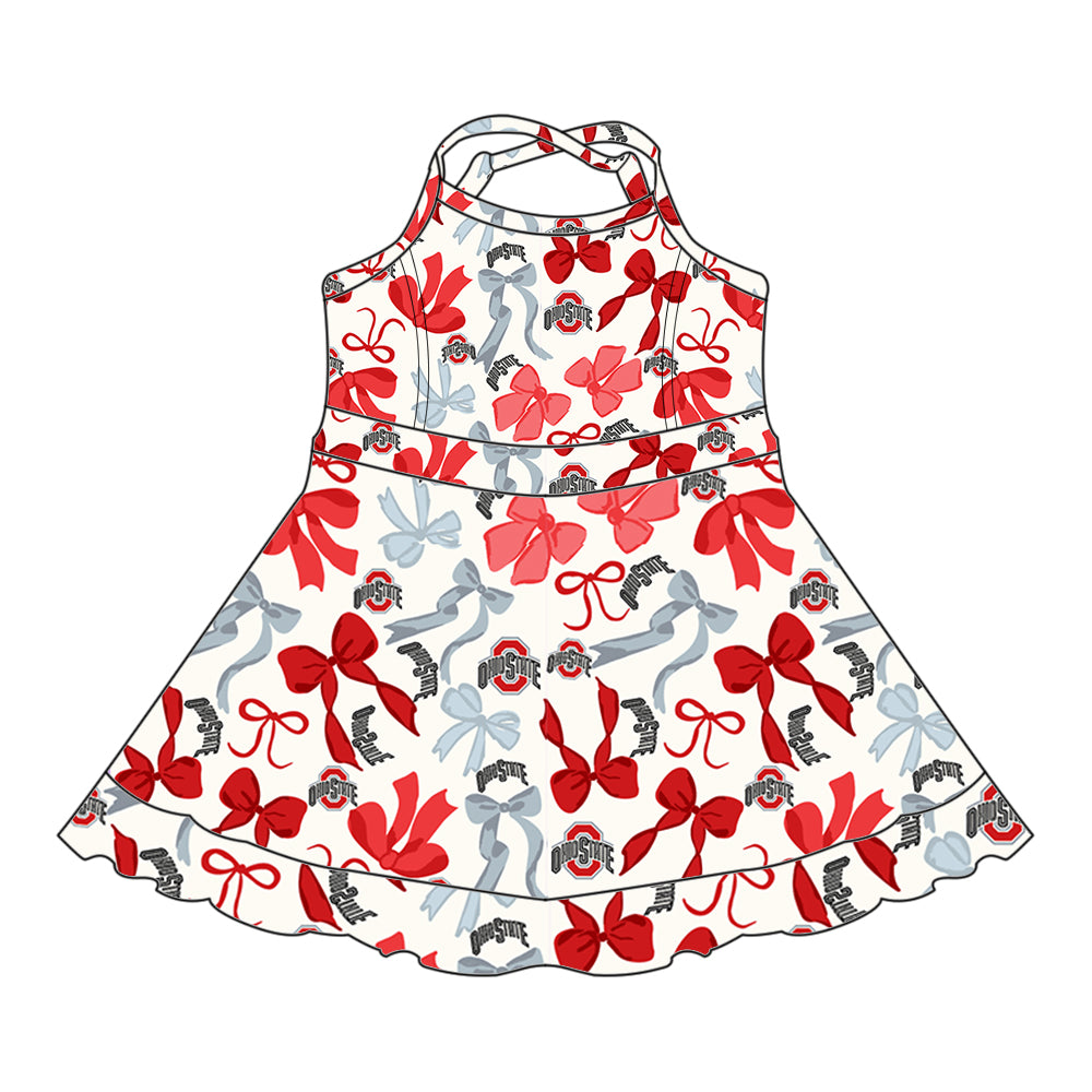 Preorder (moq 5)Baby Girls Strap Red Bows Plaid Ruffle Shorts Team Knee Length Dresses