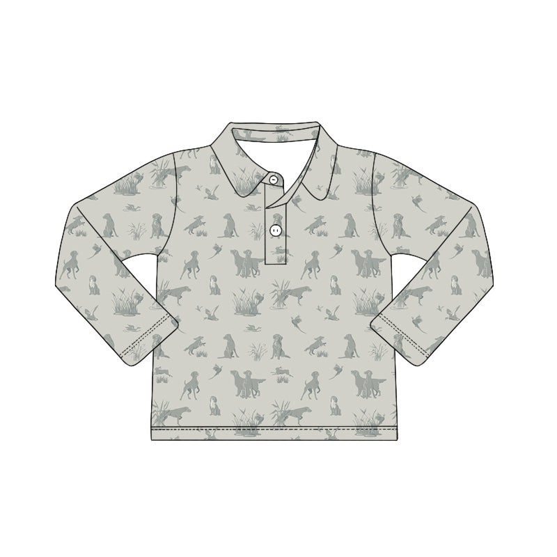 Preorder (moq 5)Baby Boys Long Sleeve Dogs Ducks Button Hunting Polo Shirts Top