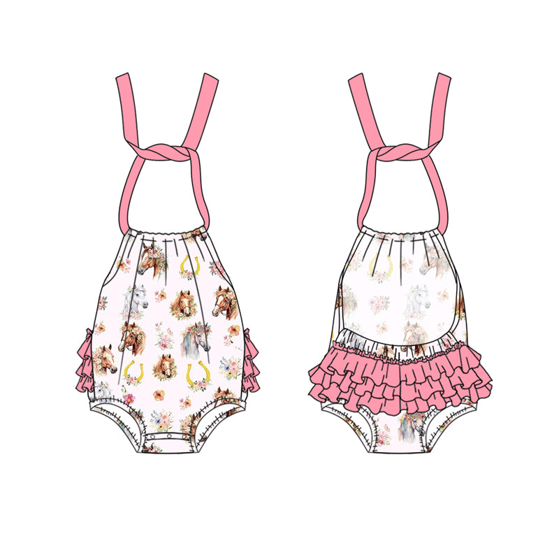 Preorder(moq 5)Baby Infant Girls Pink Strap Horse Floral Backless Bubble Rompers