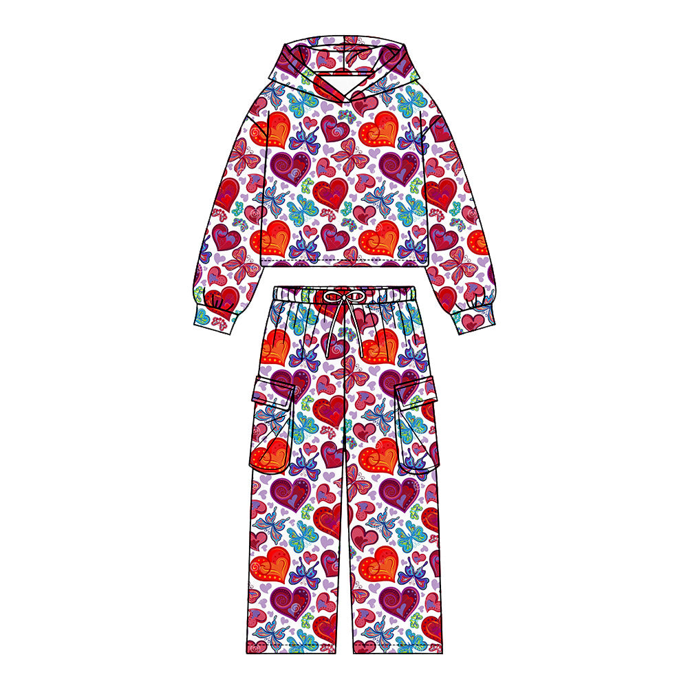 Preorder (moq 5) Girls’ Fall Valentine’s Day Pink Heart Bow Pocket Crewneck Sweatshirt & Wide-Leg Pants Set