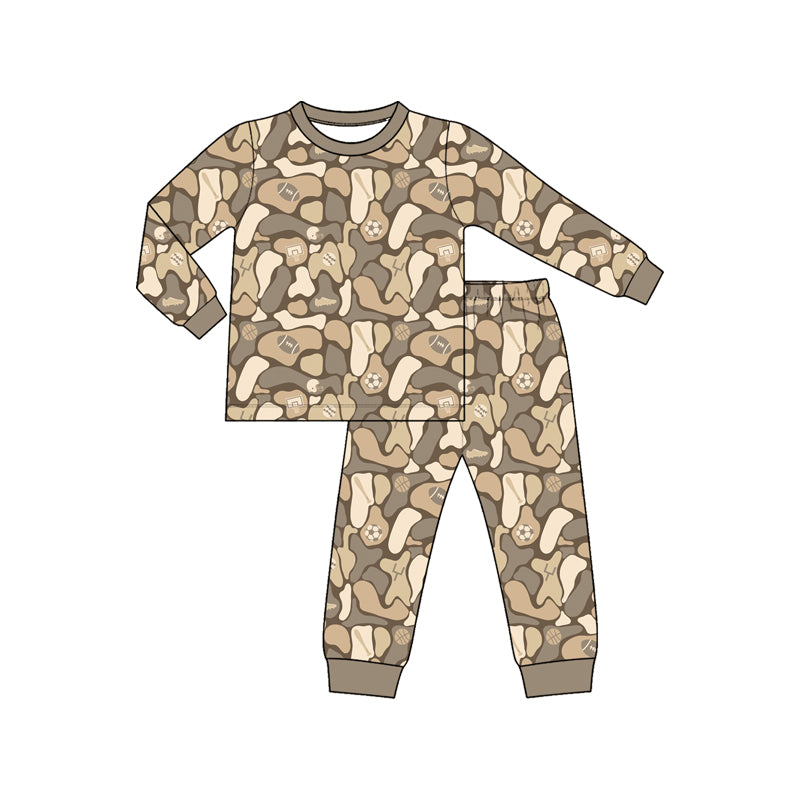 Preorder (moq5) Baby Boy Clothes Neutral Camo Multi Sports Ball Print Long Sleeve Jogger Pajama Set
