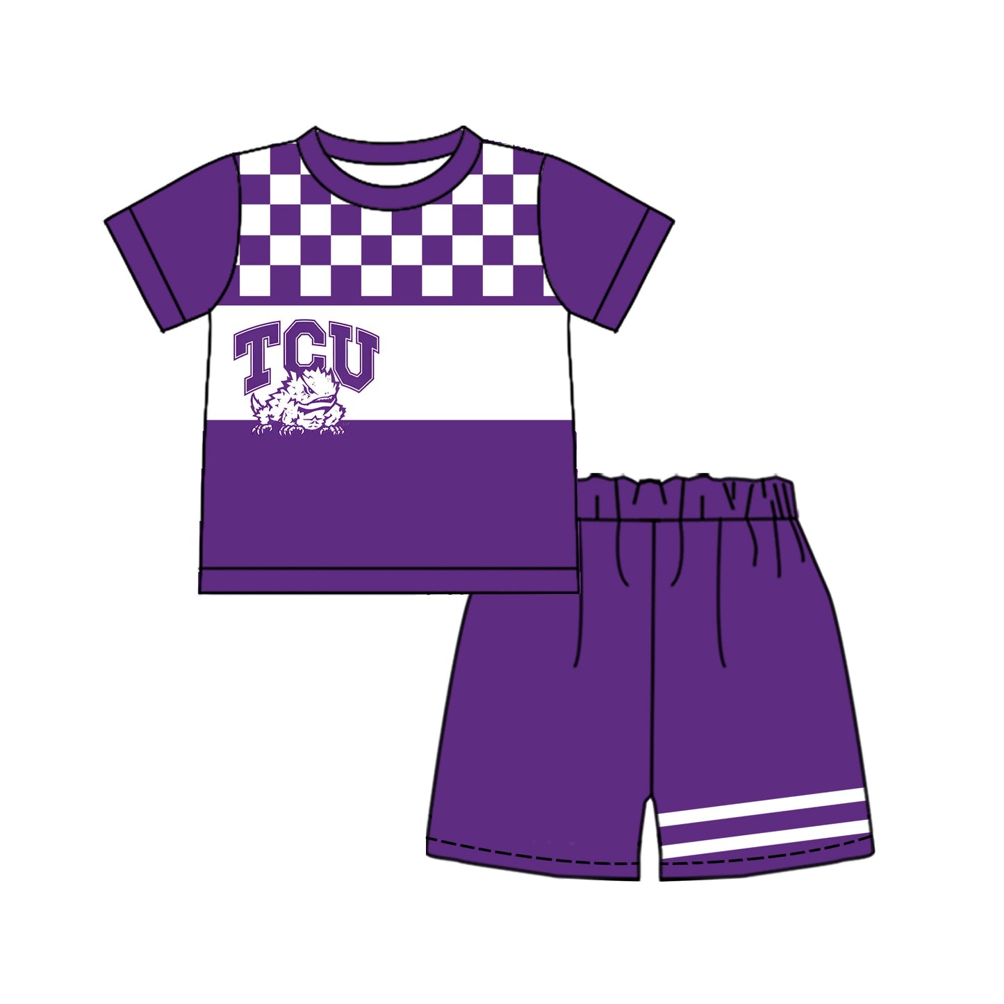 Preorder (moq 5)Baby Boys Purple Checked TCU Frogs Shirt Top Short Team Clothes Sets