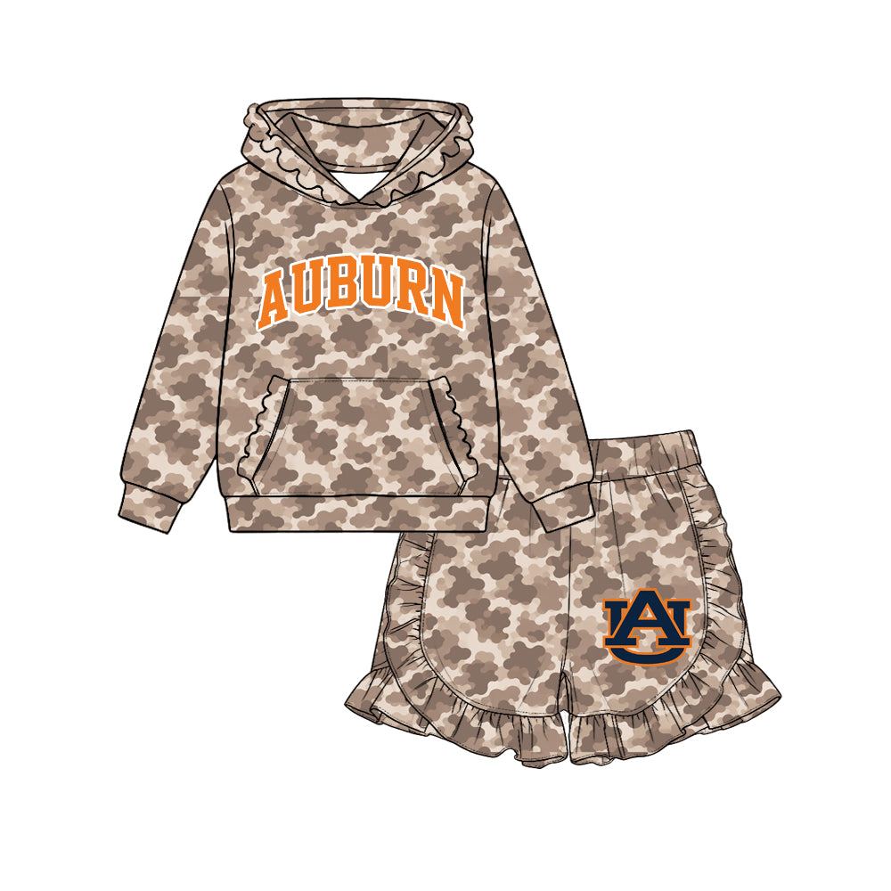 Preorder (moq 5) Baby Girl Clothes Auburn AU Logo Camo Print Long Sleeve Ruffle Hoodie & Ruffle Short Set