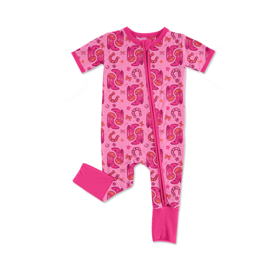 Preorder (moq 5)Baby Girls Bow Boots Western Two Way Zip Convertible Rompers