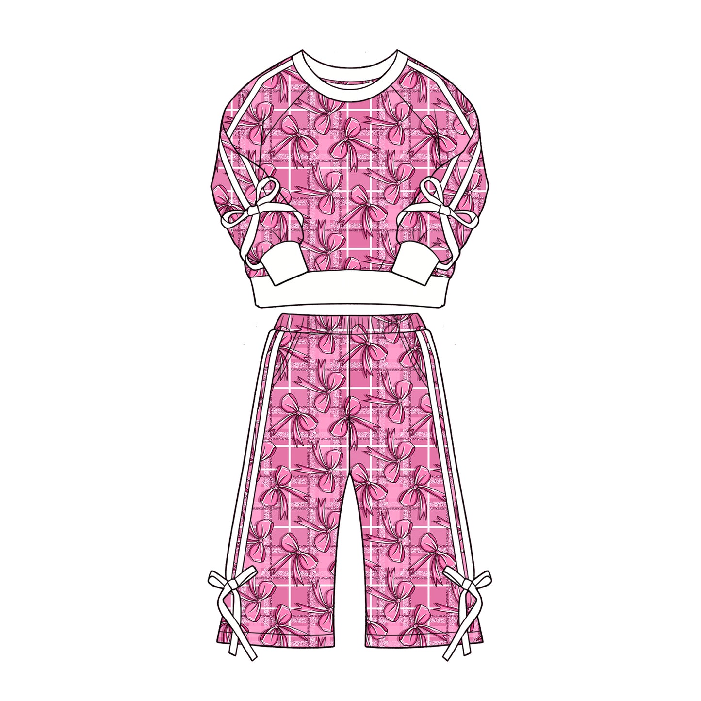 Preorder (moq 5)Baby Girls Pink Bows Checked Top Flare Pockets Pant Clothes Sets