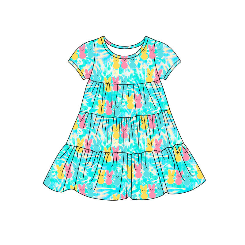 Preorder(moq 5) Baby Girls Colorful Rabbits Easter Patchwork Ruffle Knee Length Dresses