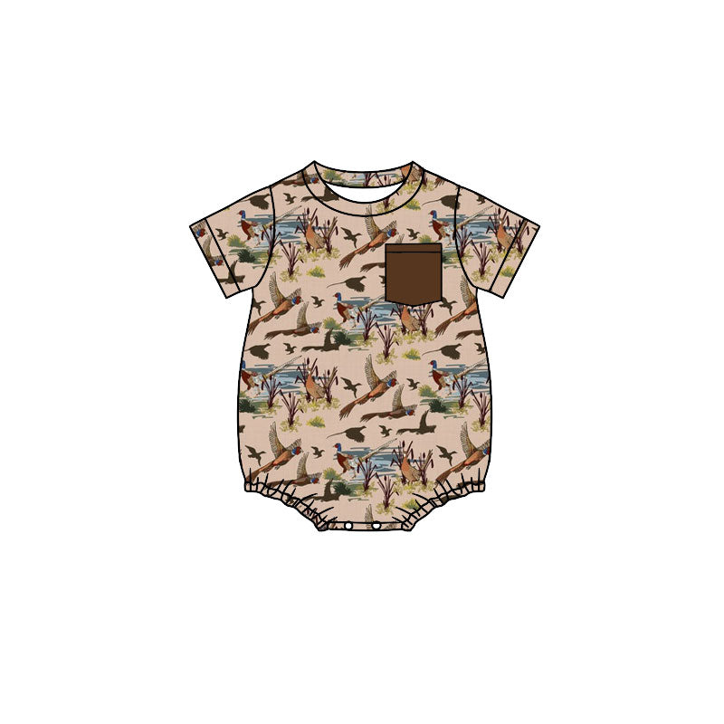 Preorder (moq 5)Baby Boys Ducks Plaid Pockets Short Sleeve Rompers