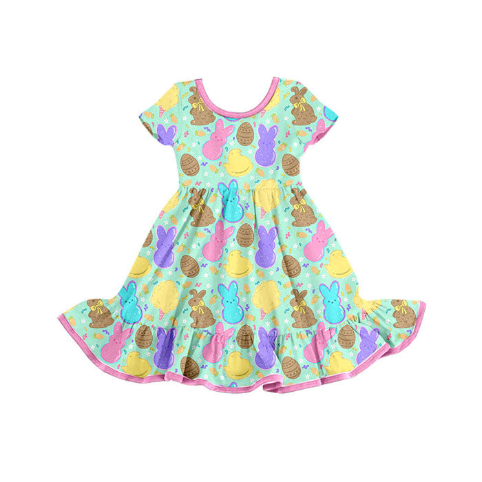 Preorder(moq 8)Baby Girls Rabbits Ice Cream Easter Ruffle Knee Length Dresses