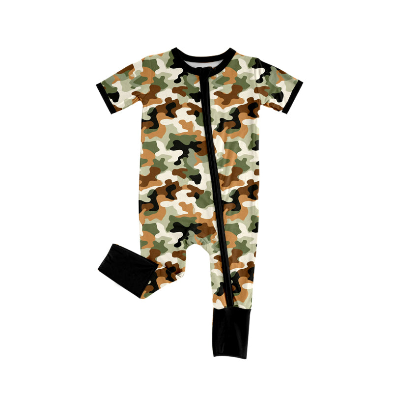 Preorder (moq 5)Baby Boys Short Sleeves Brown Yellow Camo Zipper Rompers