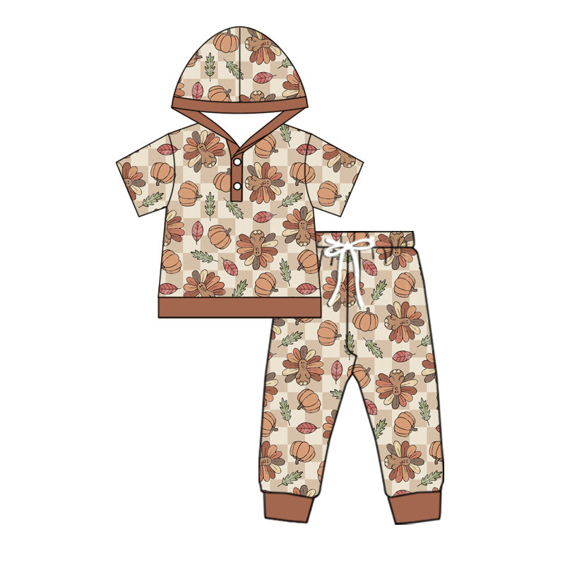 Preorder moq 5 Baby Boys Brown Short Sleeves Pumpkins Turkey Hoodies Top Pant Set