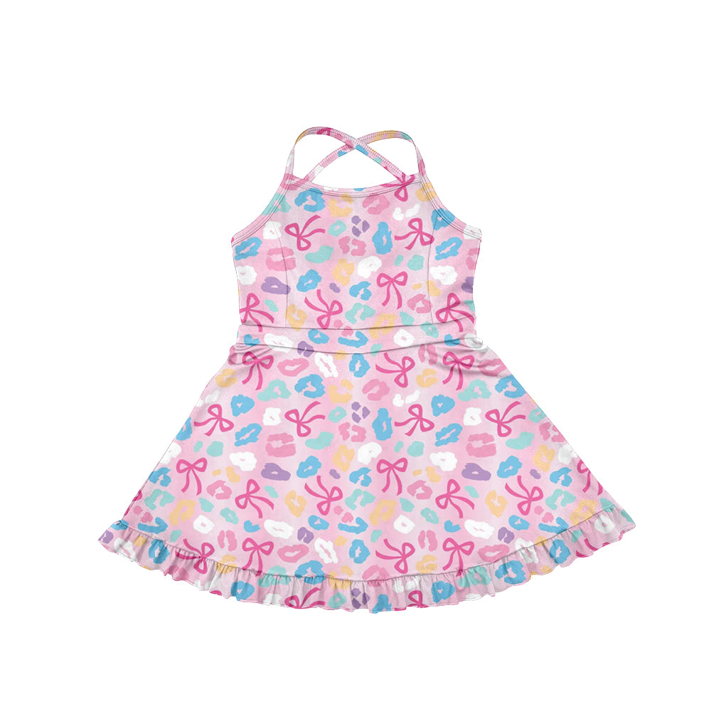 Preorder (moq 5)Baby Girls Pink Strap Bows Leopard Activity Wear Yoga Ruffle Knee Length Dresses