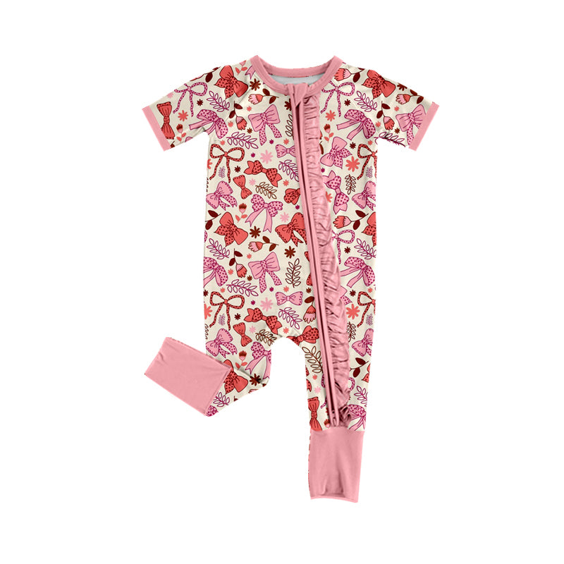 Preorder (moq 5)Baby Girls Pink Flowers Bows Two Way Ruffle Zip Convertible Rompers