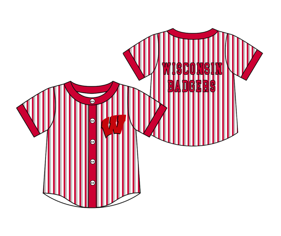 Preorder moq 5 Baby Boys Short Sleeve Wisconsin Badgers Team Button Stripe Shirts Top