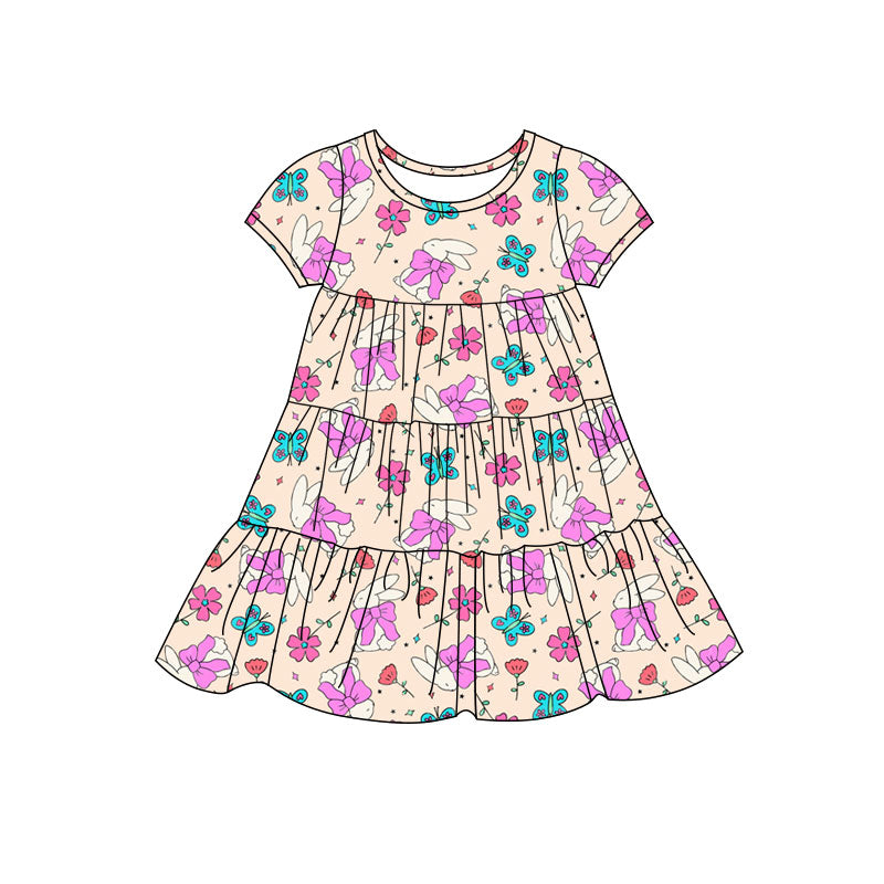Preorder(moq 5) Baby Girls Butterfly Rabbits Easter Patchwork Ruffle Knee Length Dresses