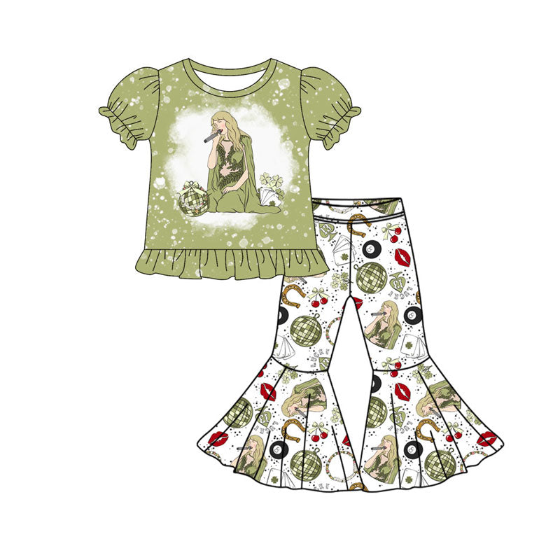 Preorder(moq 5) Baby Girls Green Clovers Singer Top Bell Bottom Pants St Patrick Clothes Sets