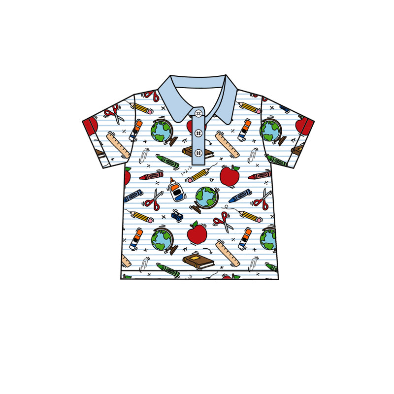 Preorder (moq 5)Baby Boys Short Sleeve Apples Pencils Back to School Button Polo Shirts Top