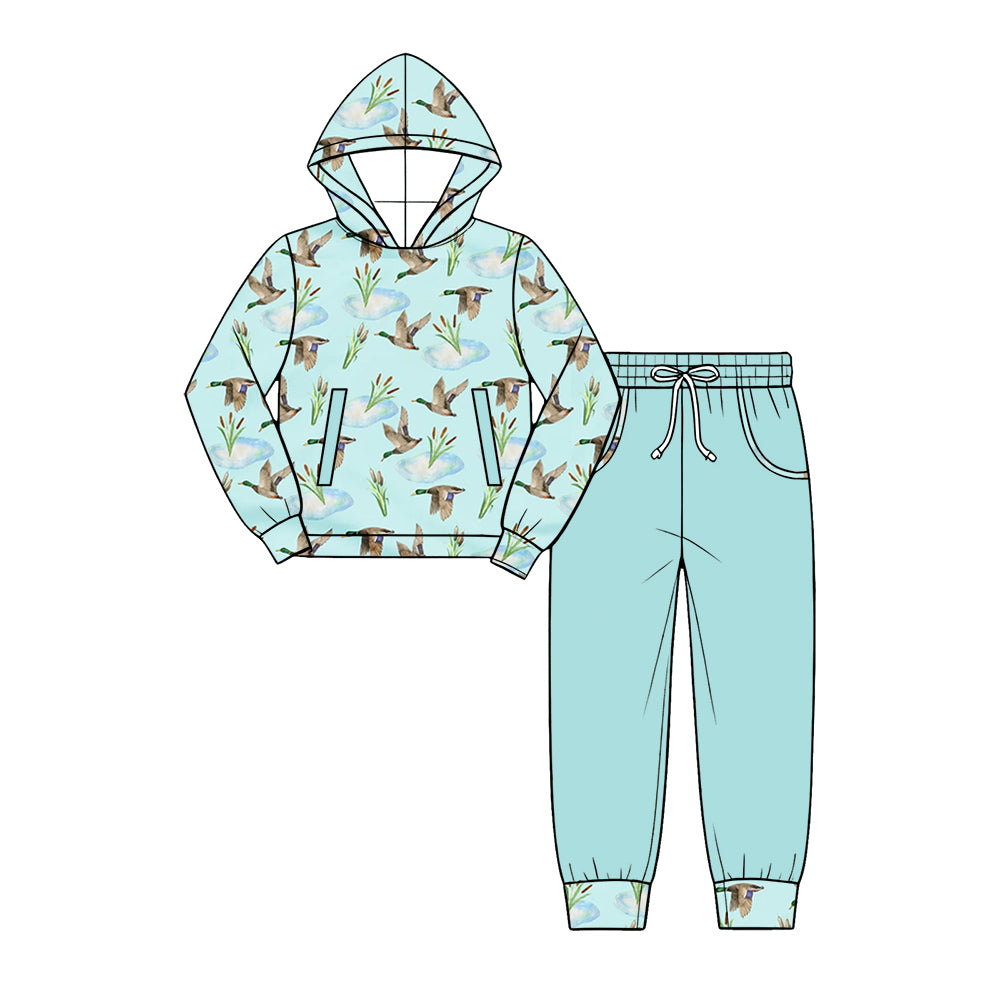 Preorder (moq 5) Baby Boy Clothes Light Blue Water Mallard Duck Allover Print Long Sleeve Hoodie Jogger Pant Set