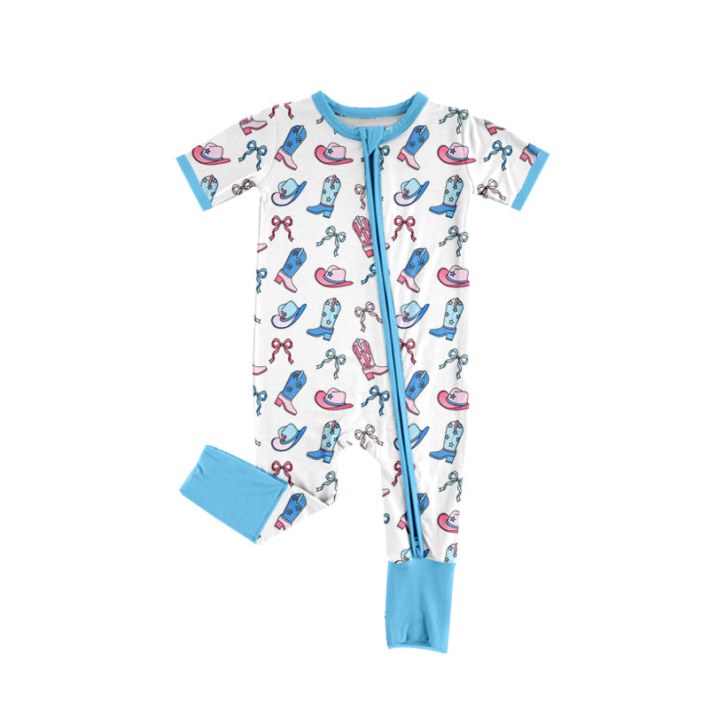 Preorder (moq 5)Baby Boys Blue Short Sleeves Boots Bows Hats Zipper Rompers