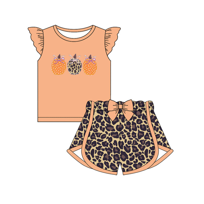 Preorder (moq 5)Baby Girls Orange Flutter Sleeves Bows Pumpkins Top Leopard Shorts Set