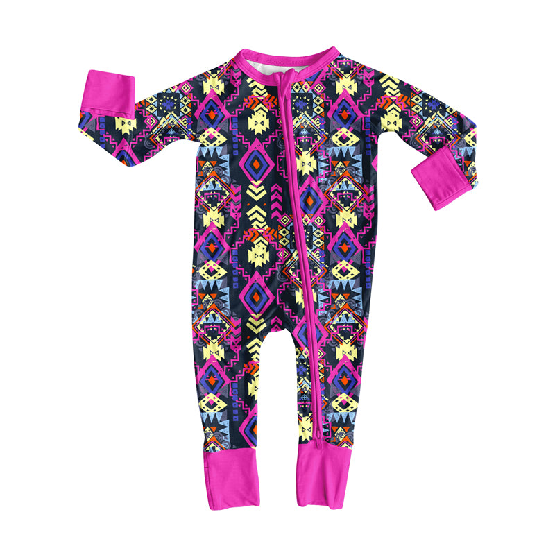 Preorder(moq 5)Baby Girls Aztec Western Zipper Footie Rompers