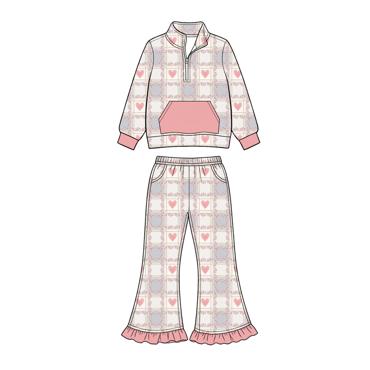 Preorder (moq 5) Baby Girl Clothes Plaid Heart Frame Allover Print Long Sleeve Half Zip Top Ruffle Flare Pant Set