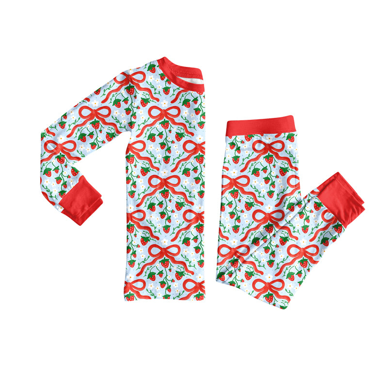 Preorder (moq 5)Baby Girls Red Bows Strawberry Plaid Top Pant Pajamas Set