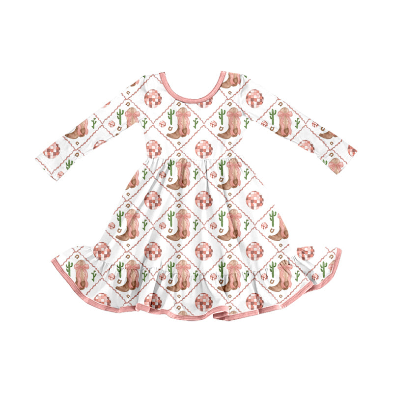 Preorder (moq 5)Baby Girls Western Boots Pink Ruffle Knee Length Dresses