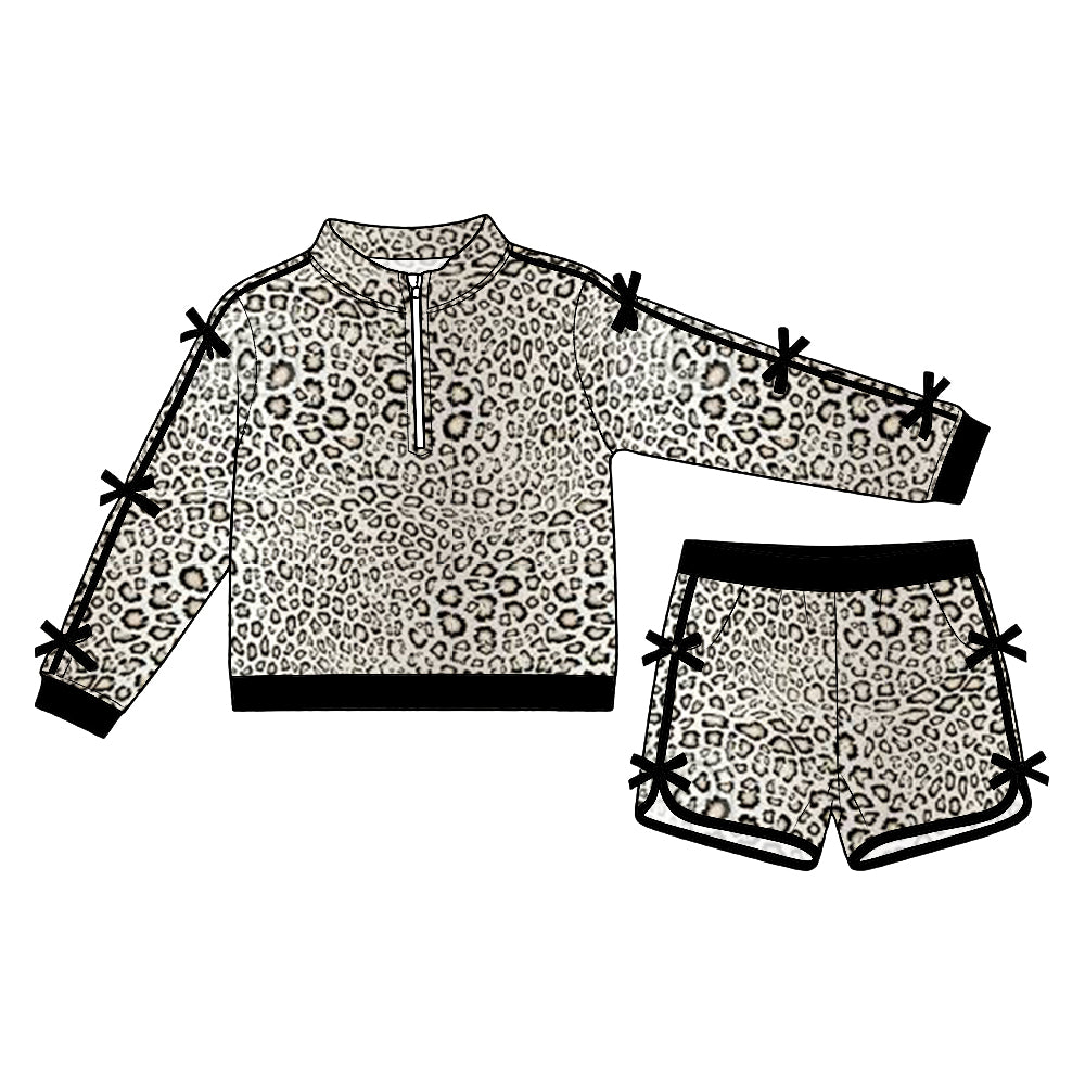 Preorder (moq5) Baby Girls Khaki Leopard Bows Zip Pullover Pockets Short Clothes Set
